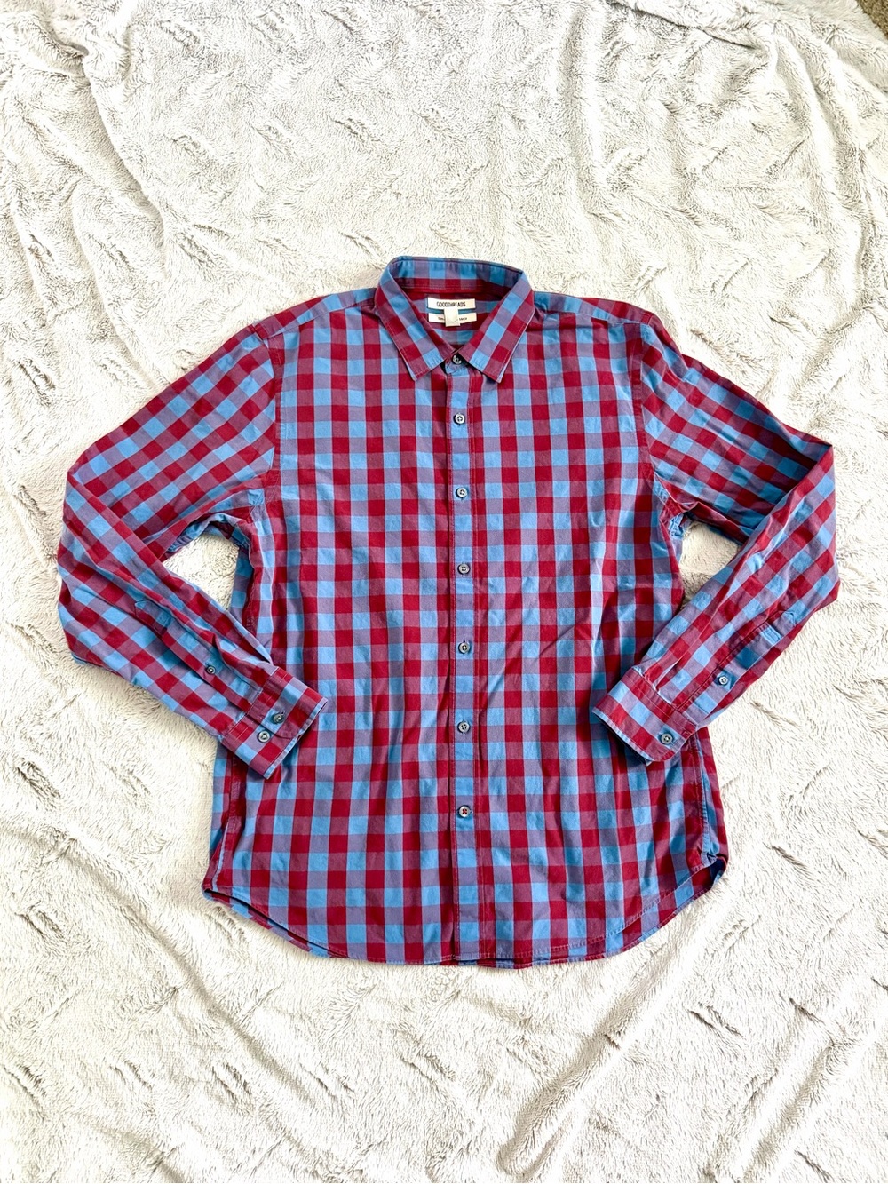Good threads Mens Red Blue Gingham Plaid Long Sleeve Button Down Shirt L
